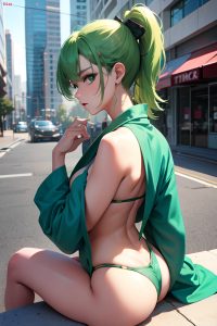 anime,busty,small tits,40s age,serious face,green hair,ponytail hair style,light skin,cyberpunk,stage,side view,straddling,bathrobe