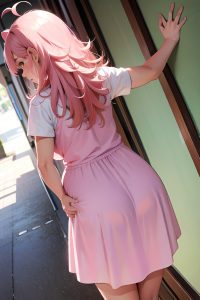 anime,pregnant,small tits,70s age,sad face,pink hair,messy hair style,light skin,comic,party,back view,t-pose,schoolgirl
