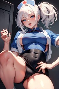 anime,busty,small tits,18 age,ahegao face,white hair,pixie hair style,light skin,vintage,prison,front view,working out,nurse