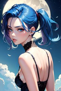 anime,skinny,small tits,80s age,pouting lips face,blue hair,slicked hair style,light skin,comic,moon,back view,on back,lingerie