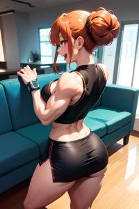 anime,muscular,huge boobs,20s age,laughing face,ginger,hair bun hair style,light skin,cyberpunk,couch,back view,plank,mini skirt