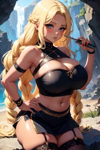 anime,busty,huge boobs,20s age,pouting lips face,blonde,braided hair style,dark skin,painting,cave,front view,gaming,stockings