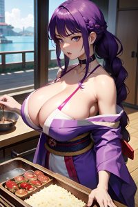 anime,busty,huge boobs,18 age,angry face,purple hair,braided hair style,light skin,cyberpunk,lake,side view,cooking,kimono