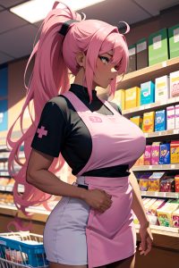anime,muscular,huge boobs,18 age,ahegao face,pink hair,ponytail hair style,dark skin,painting,grocery,side view,t-pose,nurse