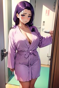 anime,chubby,small tits,70s age,sad face,purple hair,slicked hair style,light skin,watercolor,locker room,front view,working out,bathrobe