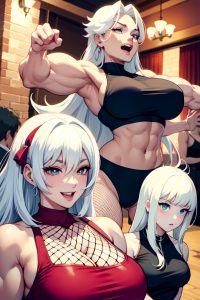 anime,muscular,huge boobs,50s age,laughing face,white hair,straight hair style,light skin,illustration,party,front view,jumping,fishnet