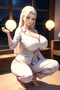 anime,busty,huge boobs,60s age,serious face,white hair,slicked hair style,light skin,3d,moon,front view,squatting,pajamas