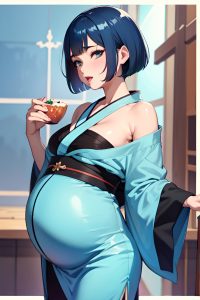 anime,pregnant,small tits,50s age,ahegao face,blue hair,bobcut hair style,dark skin,watercolor,church,back view,eating,kimono