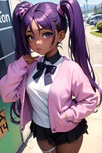 anime,busty,small tits,80s age,pouting lips face,purple hair,pigtails hair style,dark skin,comic,yacht,front view,t-pose,mini skirt