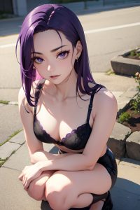 anime,skinny,small tits,20s age,happy face,purple hair,slicked hair style,light skin,dark fantasy,oasis,close-up view,squatting,bra