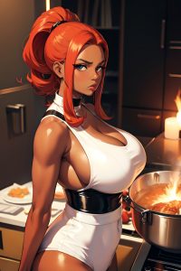 anime,skinny,huge boobs,70s age,serious face,ginger,slicked hair style,dark skin,vintage,stage,close-up view,cooking,latex