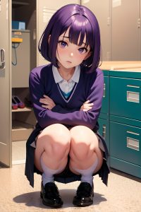anime,skinny,small tits,40s age,shocked face,purple hair,bobcut hair style,light skin,watercolor,locker room,front view,squatting,schoolgirl