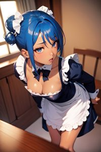 anime,busty,small tits,20s age,seductive face,blue hair,hair bun hair style,dark skin,soft + warm,bar,front view,bending over,maid