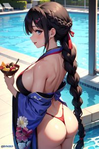 anime,skinny,huge boobs,18 age,happy face,brunette,braided hair style,light skin,charcoal,pool,back view,eating,kimono