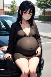 anime,pregnant,small tits,70s age,sad face,black hair,straight hair style,dark skin,charcoal,car,front view,eating,bathrobe