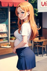 anime,pregnant,small tits,70s age,happy face,ginger,slicked hair style,light skin,soft anime,cafe,back view,eating,mini skirt