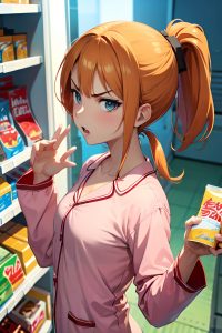 anime,skinny,small tits,70s age,angry face,ginger,ponytail hair style,light skin,crisp anime,grocery,side view,on back,pajamas
