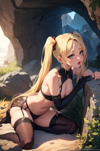 anime,busty,small tits,18 age,orgasm face,blonde,pigtails hair style,dark skin,illustration,cave,side view,spreading legs,stockings