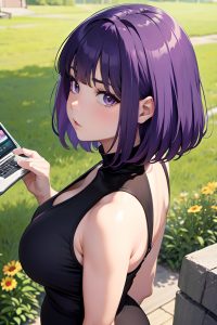 anime,chubby,small tits,70s age,serious face,purple hair,bobcut hair style,light skin,comic,meadow,back view,gaming,goth