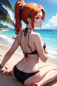anime,busty,small tits,20s age,sad face,ginger,ponytail hair style,light skin,charcoal,beach,back view,straddling,teacher