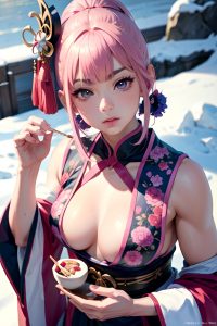 anime,muscular,small tits,30s age,pouting lips face,pink hair,bangs hair style,light skin,vintage,snow,close-up view,eating,geisha