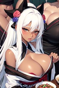 anime,skinny,huge boobs,80s age,orgasm face,white hair,straight hair style,dark skin,black and white,wedding,close-up view,eating,kimono