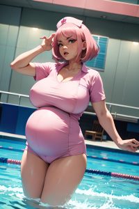 anime,pregnant,huge boobs,70s age,angry face,pink hair,bobcut hair style,light skin,comic,pool,side view,jumping,nurse