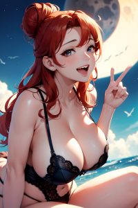 anime,busty,huge boobs,40s age,laughing face,ginger,hair bun hair style,dark skin,film photo,moon,close-up view,cumshot,lingerie