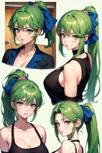 anime,skinny,huge boobs,80s age,shocked face,green hair,ponytail hair style,light skin,watercolor,kitchen,side view,on back,teacher