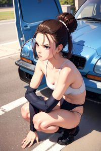 anime,skinny,small tits,80s age,angry face,brunette,hair bun hair style,light skin,film photo,car,close-up view,squatting,teacher