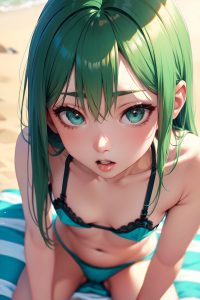 anime,skinny,small tits,50s age,ahegao face,green hair,straight hair style,light skin,soft + warm,beach,close-up view,straddling,bra