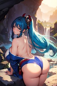 anime,pregnant,huge boobs,70s age,pouting lips face,blue hair,pixie hair style,dark skin,warm anime,cave,back view,bending over,geisha