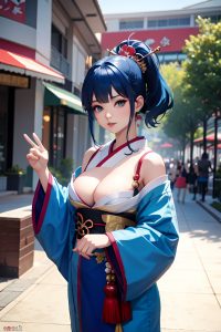 anime,busty,small tits,20s age,seductive face,blue hair,ponytail hair style,light skin,film photo,mall,front view,jumping,geisha