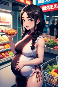 anime,pregnant,small tits,60s age,laughing face,brunette,braided hair style,light skin,cyberpunk,grocery,close-up view,cooking,geisha