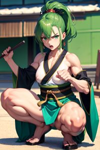 anime,muscular,small tits,20s age,angry face,green hair,slicked hair style,light skin,dark fantasy,party,front view,squatting,kimono
