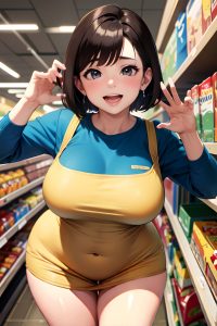 anime,chubby,small tits,30s age,laughing face,brunette,bobcut hair style,light skin,crisp anime,grocery,close-up view,t-pose,teacher