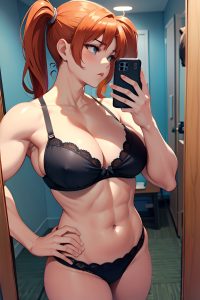 anime,muscular,huge boobs,40s age,serious face,ginger,pigtails hair style,light skin,mirror selfie,party,side view,sleeping,bra