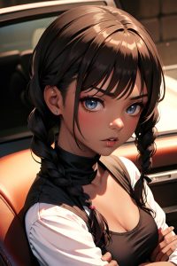 anime,skinny,small tits,50s age,serious face,brunette,braided hair style,dark skin,dark fantasy,car,close-up view,t-pose,goth
