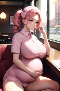 anime,pregnant,huge boobs,18 age,pouting lips face,pink hair,slicked hair style,light skin,crisp anime,restaurant,side view,spreading legs,nurse