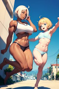 anime,muscular,huge boobs,20s age,happy face,blonde,bobcut hair style,dark skin,painting,street,back view,jumping,pajamas