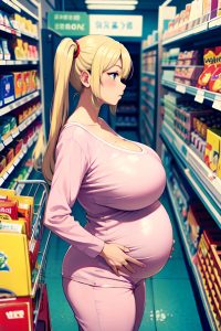anime,pregnant,huge boobs,70s age,sad face,blonde,pigtails hair style,light skin,comic,grocery,side view,bathing,pajamas