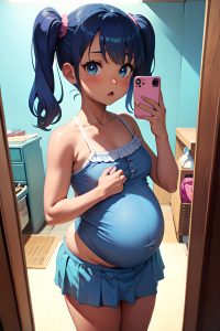 anime,pregnant,small tits,40s age,shocked face,blue hair,pigtails hair style,dark skin,mirror selfie,underwater,close-up view,on back,mini skirt
