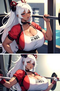 anime,chubby,huge boobs,80s age,ahegao face,white hair,messy hair style,dark skin,vintage,gym,front view,working out,geisha