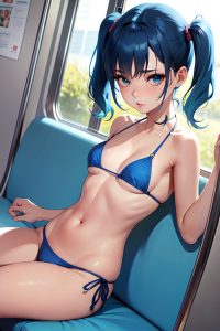 anime,skinny,small tits,50s age,pouting lips face,blue hair,pigtails hair style,light skin,comic,train,close-up view,straddling,bikini