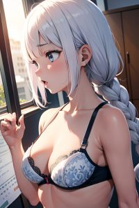 anime,chubby,small tits,18 age,shocked face,white hair,braided hair style,light skin,skin detail (beta),office,side view,yoga,bra