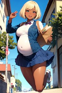 anime,pregnant,small tits,60s age,orgasm face,blonde,bobcut hair style,dark skin,illustration,oasis,front view,jumping,schoolgirl
