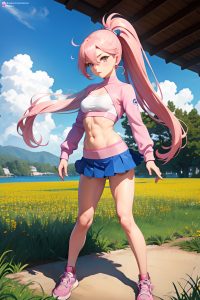anime,muscular,small tits,60s age,seductive face,pink hair,ponytail hair style,light skin,soft anime,meadow,front view,t-pose,mini skirt