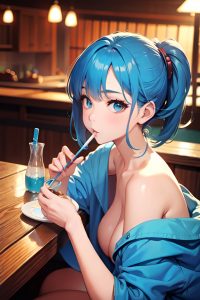 anime,busty,small tits,50s age,seductive face,blue hair,bangs hair style,light skin,cyberpunk,onsen,side view,eating,nude