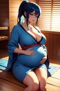 anime,pregnant,huge boobs,50s age,sad face,blue hair,ponytail hair style,dark skin,3d,sauna,close-up view,plank,kimono