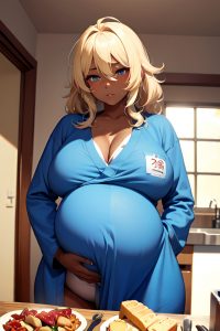 anime,pregnant,huge boobs,18 age,sad face,blonde,messy hair style,dark skin,warm anime,prison,front view,eating,bathrobe